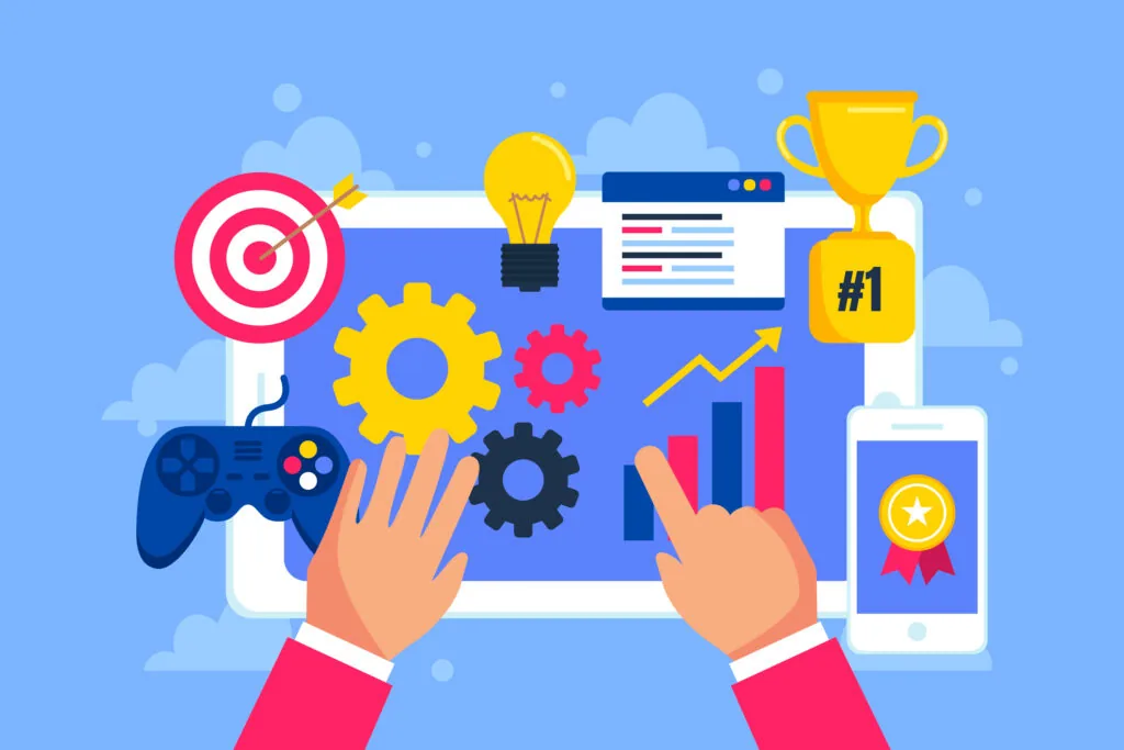 Illustration of gamified task management with trophy, targets and progress charts