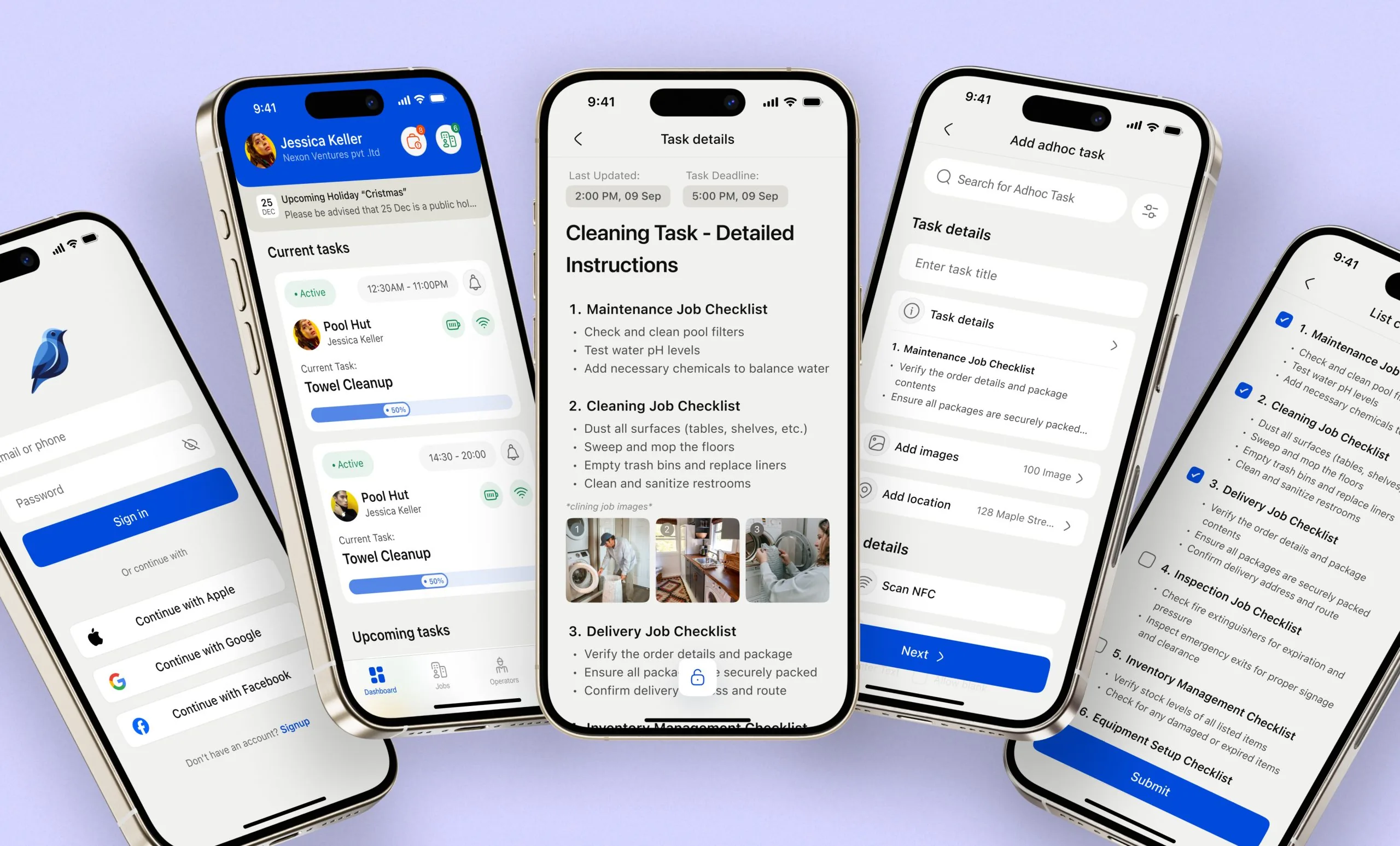 OPS Assist mobile app screens showing sign-in, task lists and job checklists
